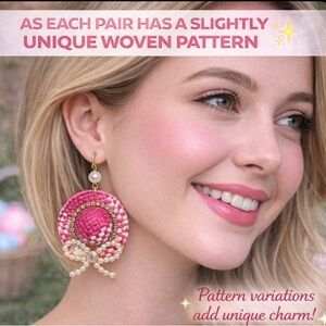 Woven Hat Pearl Earrings Fuchsia Pink Statement Rhinestone Bow Spring Easter